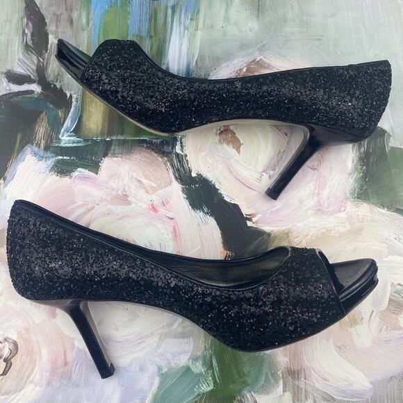 Miu Miu Black Patent Leather Glitter Peep Toe Platform Heels Size 40/9 - Picture 6 of 15